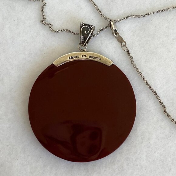 Sterling Silver 925 Signed Meran Indonesia 2.5" Resin Pendant Necklace 18" Chain - Picture 8 of 16
